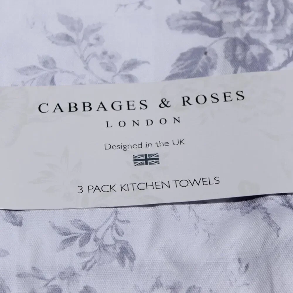 Cabbages & Roses London Kitchen Towel Set 3 Pc 100% Cotton Designed in the UK